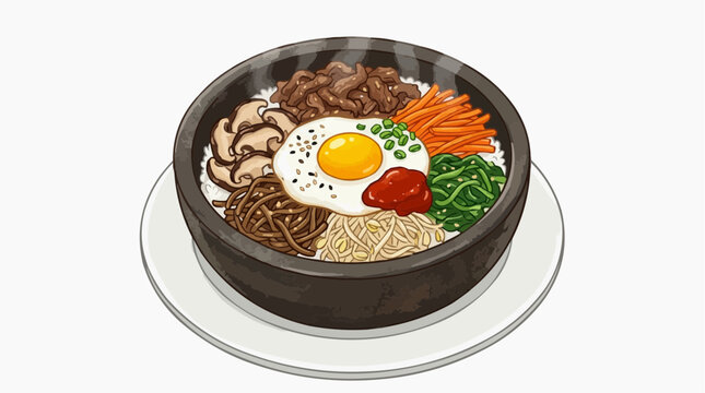 A top-down view of a colorful bibimbap bowl showcasing the culinary fusion of South Korean cuisine, with vibrant ingredients artistically arranged.