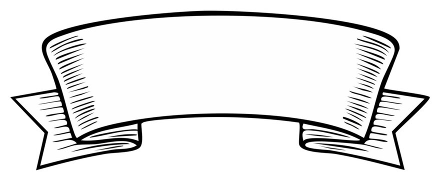 Blank vintage banner illustration, black and white ribbon isolated, decorative scroll.