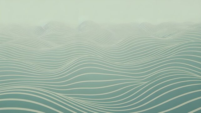 Abstract undulating wave pattern formed by white lines on a soft teal green background creates a sense of motion