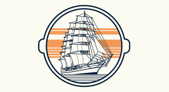 Majestic Tall Ship Sailing in Circular Badge Logo