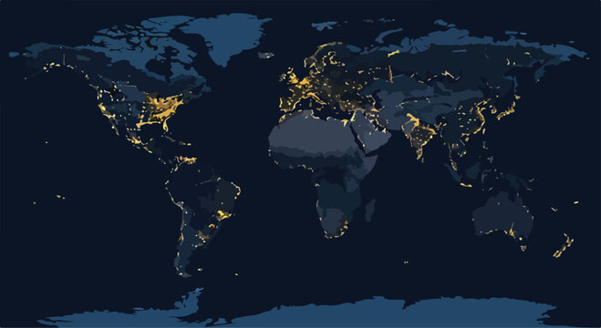 A world map with illuminated city areas