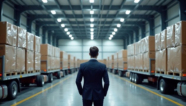 Man in suit standing in large warehouse at distribution center. Rear view of manager looking at cargo loaded on trailer trucks. Logistics and supply chain business management concept.