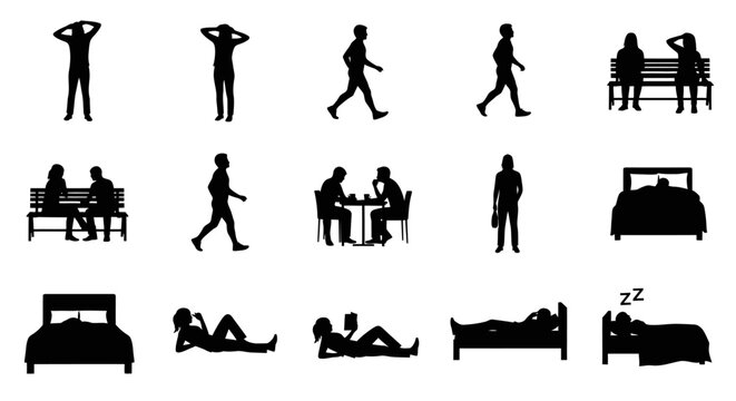 Silhouettes of people in bedroom scenes.