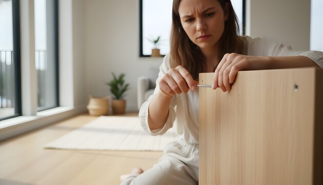 Young woman assembling flat-pack furniture in a modern living room, showing frustration and focus for DIY home improvement concept and independent lifestyle for women