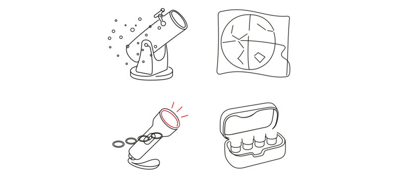 Amateur Astronomy Vector Icon Set of 4 Minimalist Thin Line Icons featuring a Dobsonian Telescope, Star Chart, Red Light Flashlight, and Eyepiece Case. Editable Stroke for Custom Line Weight.