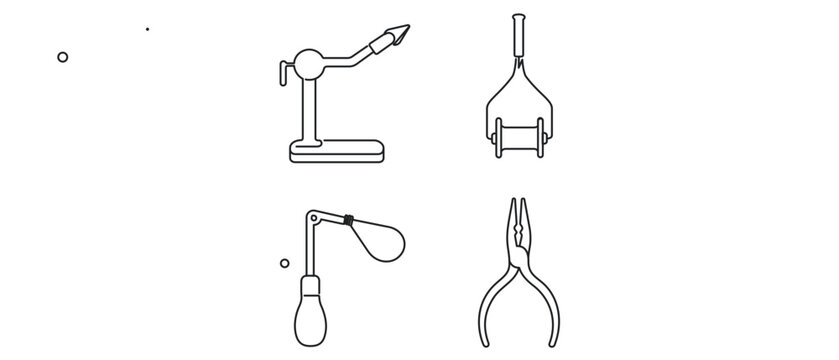 Professional Fly Fishing Tying Equipment Vector Icon Set with Editable Stroke. Collection of 4 Icons: Rotary Vice, Bobbin Holder, Whip Finisher, Hackle Pliers. Minimalist Thin Line Art Design.