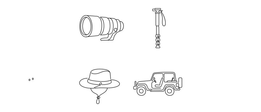 Wildlife Safari Photography Collection of 4 Icons with Editable Stroke: Telephoto Lens, Camera Monopod, Safari Hat, and Off-road Jeep for Nature Photography and Adventure Travel Projects.