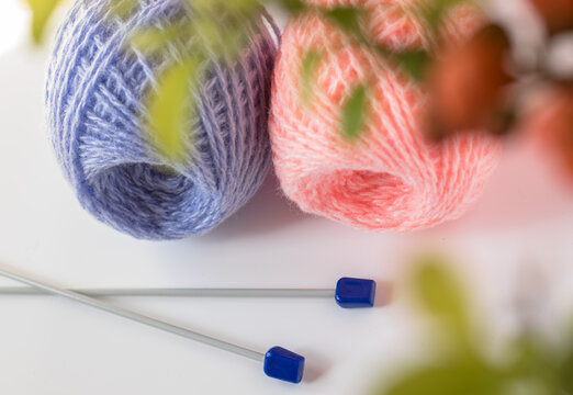 Knitting yarn. Balls of multicolored thread. Knitting