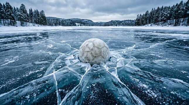 A white soccer ball frozen in a cracked ice lake surrounded by a snowy winter landscape.