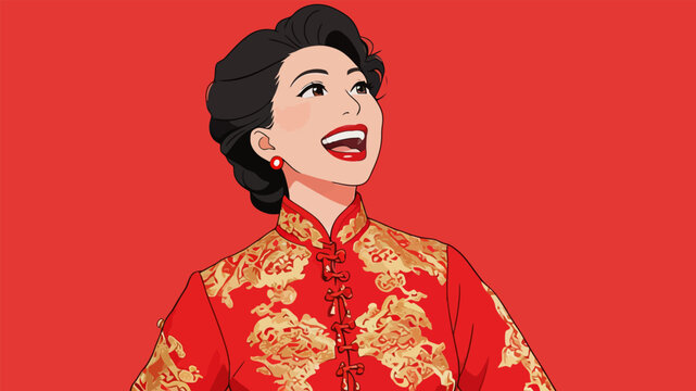 Joyful East Asian woman in traditional wedding cheongsam singing