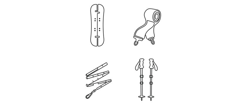 Backcountry Splitboarding and Winter Sports Vector Icon Set with Splitboard, Climbing Skins, Avalanche Probe, and Collapsible Poles. 4 Minimalist Line Icons with Editable Stroke Weight.