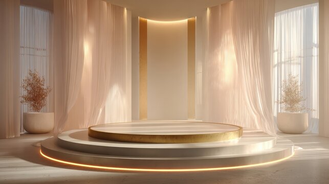Elegant showroom interior, round empty podium, soft lighting gradients, romantic and luxurious ambiance, cinematic realism, 8k 