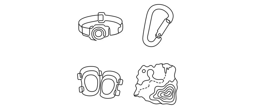 Caving and Spelunking Adventure Vector Icon Set with Editable Stroke. Collection of 4 Icons featuring Headlamp, Carabiner Clip, Knee Pads, and Topographic Cave Map for Outdoor Exploration Gear.