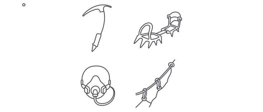 High-Altitude Mountaineering Vector Icon Set featuring Ice Axe, Crampons, Oxygen Mask, and Fixed Line Rope. Collection of 4 Minimalist Line Art Icons for Outdoor Adventure and Extreme Climbing.