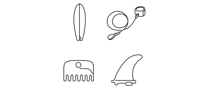 Surfing Equipment Vector Icon Set with Editable Stroke. Collection of 4 Minimalist Line Icons featuring Longboard Surfboard, Leash, Wax Comb, and Fin for Outdoor Water Sports and Recreation.