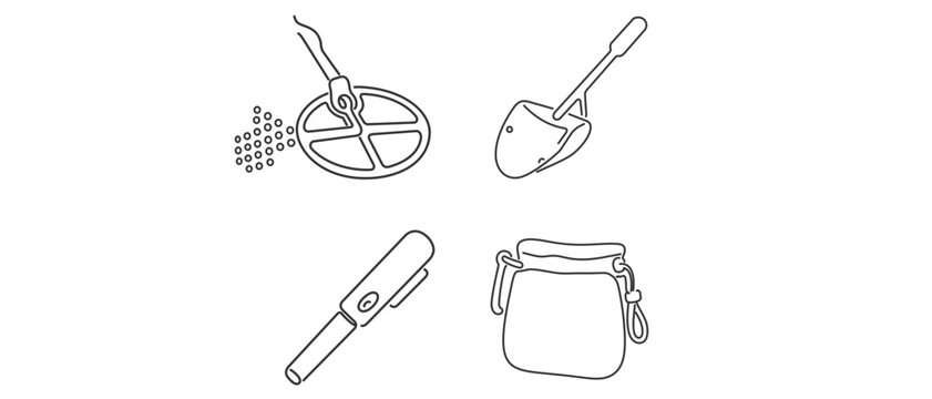 Metal Detecting Equipment Vector Icon Set of 4 Icons with Editable Stroke. Includes Search Coil, Sand Scoop, Pinpointer, and Finds Bag. Minimalist Line Art for Treasure Hunting and Outdoor Hobby.