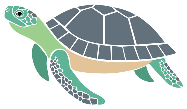 Stylized Swimming Sea Turtle Illustration of Oceanic Marine Life, Underwater Wildlife, and Reptiles