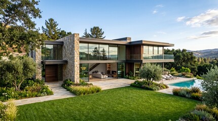 Fototapeta premium A stunning modern mansion featuring floor-to-ceiling glass, natural stone walls, and a private infinity pool, set against a lush, rolling hillside at sunset.