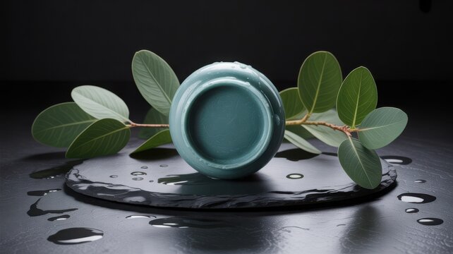 Teal ceramic pot upside down on a wet slate board with green leaves
