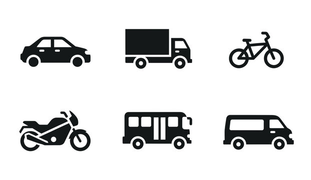 6 Transportation icons car truck bicycle motorcycle bus van, outline solid styles, UI and web interface design