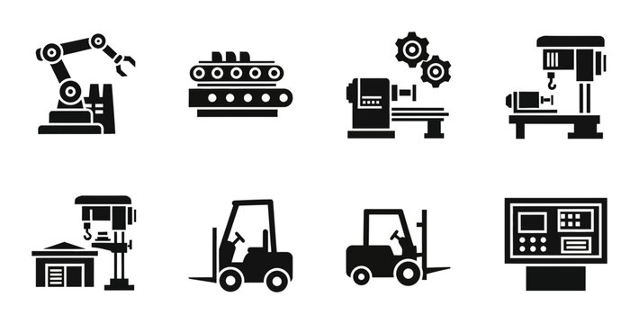 8 Industrial Manufacturing icons robotic arm forklift conveyor belt, outline solid styles, UI and web interface design