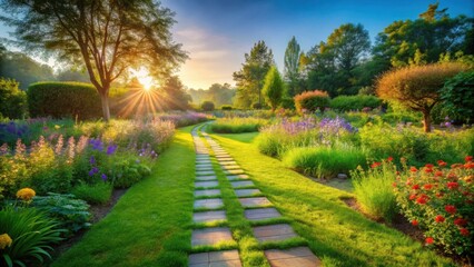Fototapeta premium Serene Garden Path at Sunrise A Tranquil Landscape of Vibrant Blooms and Lush Greenery, Illuminated by Golden Sunlight