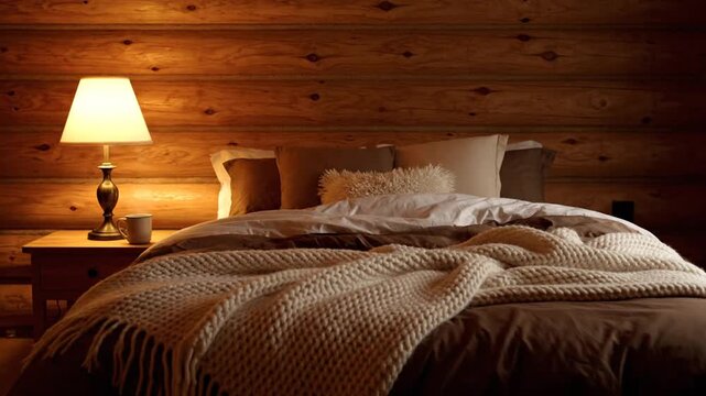 Cozy Bedroom Scene With Warm Lighting Featuring Neatly Made Bed And Rustic Decor Ideal For Relaxation And Comfort