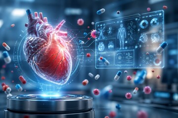 Naklejka premium World Hypertension Day banner with Vibrant heart pulses with futuristic holographic data. Medication capsules float around advanced medical interface. Heart rests on glowing circular platform,