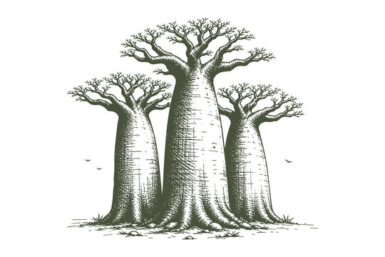 Group of african baobab trees vector illustration in detailed line art style for prehistoric nature and savanna landscape themes