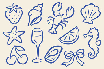 Summer beach icons set blue doodle pattern vector © Victoria