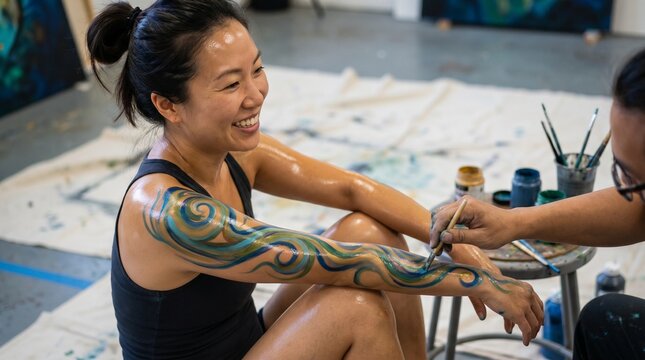 A beautiful young Asian woman getting a blue and gold swirl pattern painted on her arm.