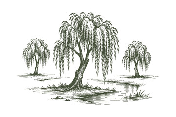 Naklejka premium Weeping willow tree vector illustration in hand drawn line art style for lakeside scenery and romantic landscape environment design