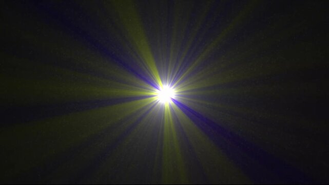 A luminous starburst with a bright white core emits vibrant yellow and deep purple light rays outward into a dark, speckled cosmic background, creating a dynamic and energetic celestial spectacle