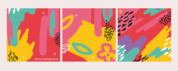 Obraz premium Set of 3 abstract backgrounds with bionic plant-like shapes. Bright square vector backgrounds. Suitable for modern web design, tech branding, nature-inspired digital art, and vibrant backgrounds