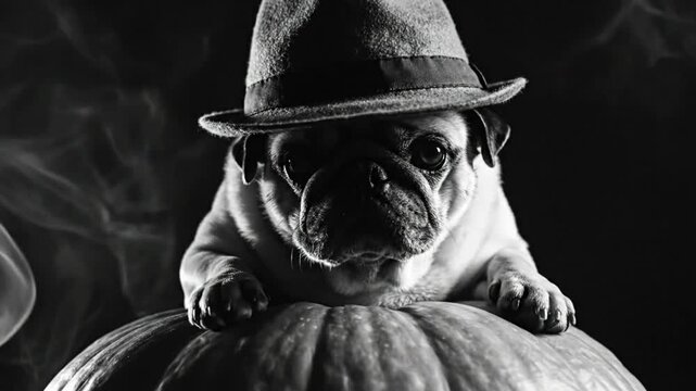 Mysterious pug dog wearing fedora hat on top of a pumpkin in black and white dramatic lighting