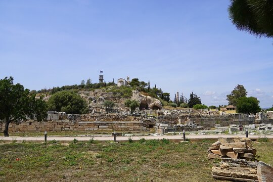 Distant view of the archaeological site in Eleusis or Elefsina, Greece