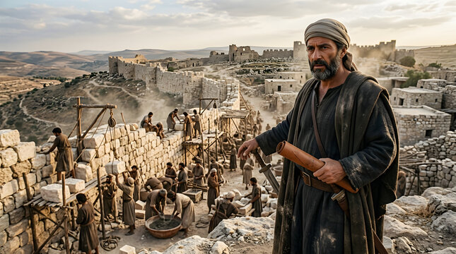Nehemiah holding a scroll and sword, overseeing the rebuilding of jerusalem walls, biblical historical scene