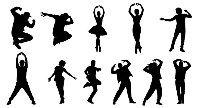 Silhouettes of people dancing various styles.