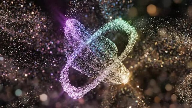 Abstract shimmering particle cloud forming a figure eight infinity shape with dazzling light effects for art backgrounds
