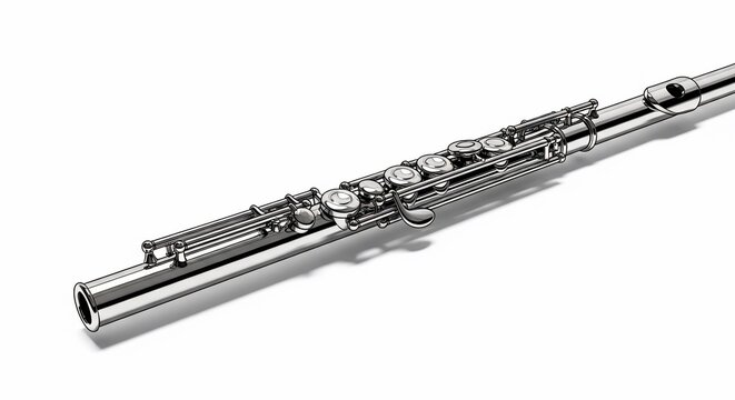 close-up silver flute on white background musical instrument detail