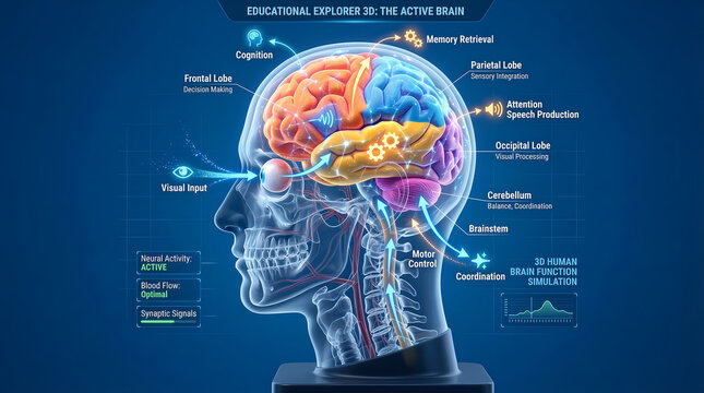 3D Educational Illustration of the Active Human Brain in a Transparent Model Showing Lobes, Functions, Neural Activity, and Sensory Inputs.