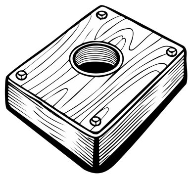 Handcrafted wooden cajon drum with central sound hole and woodgrain detail in an artistic illustration.