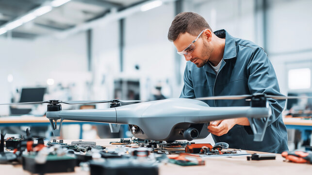 Male engineer working on a drone, carefully assembling components and testing its systems in a high tech workshop environment