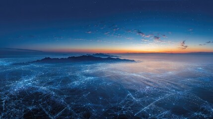 Fototapeta premium Vast blue illuminated city sprawl merges with distant islands at dawn under starry sky