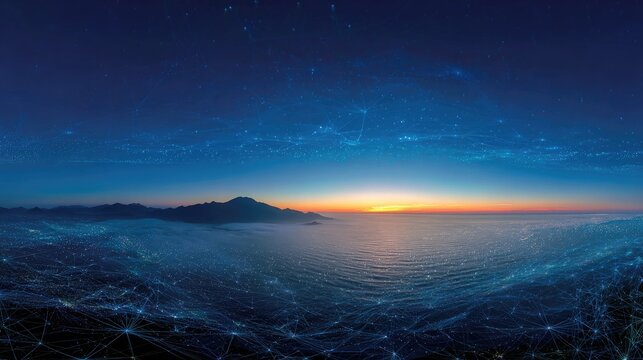 Digital network overlaying a serene ocean and mountain panorama at sunset