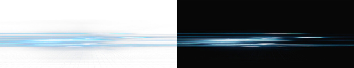 Realistic blue speed light trails set, atmospheric horizontal motion blur streaks and glowing energy lines on contrast backgrounds © Maxim