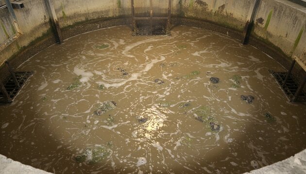 Wastewater treatment basin with dirty water and sewage sludge. Industrial tank for filtering and purifying communal waste. Environmental protection and water cleaning technology system.