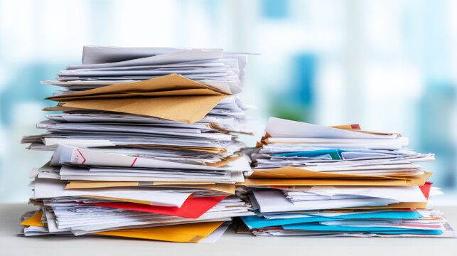 Stacked papers showing a large, unorganized volume of mail and files, symbolizing financial stress and administrative tasks