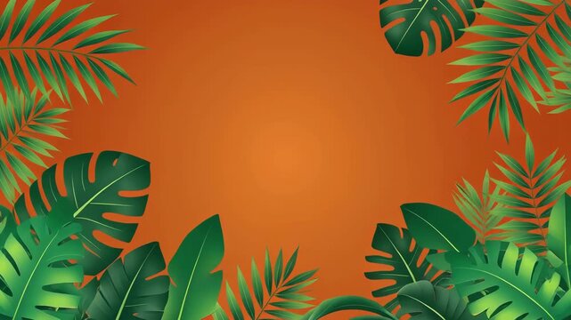 Vibrant Tropical Leaves Border on Orange Gradient Background.