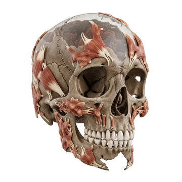 Human skull with muscle tissue anatomy isolated on a transparent background